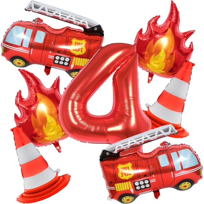 1Set Fire Truck Balloons Set Red 32Inch Number Balloon Flame Balloons For Baby Shower Firefighter Birthday Party Decoration