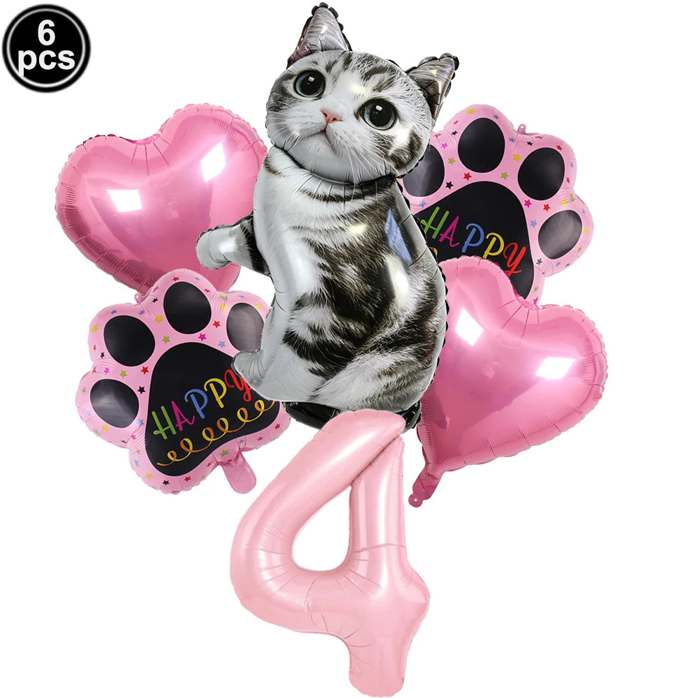 Cat Party Balloons Set Pink Blue Kitten Cat's Paw Foil Balloon with 32'' Number Balloons for Boy Girl 1-9th Birthday Party Decor