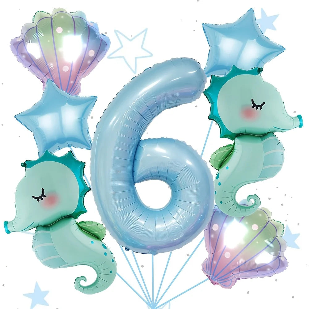 7Pcs Under the Sea World Themed Party Balloon Set New Seahorse 40Inch Blue Number Decor Foil Balloons Birthday Decoration Gifts