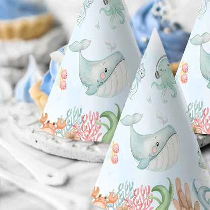 6pcs/set Sea Animal Party Hat Cartoon Under the Water Animal Paper Hats For Happy Birthday Party Decoration DIY Gifts Supplies