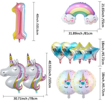 1set Rainbow Unicorn Girl Balloon Aluminum Film Balloon Set with Smiling Rainbow Foil 1st Newborn Party Decoration Supplies