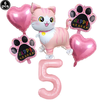 Cat Party Balloons Set Pink Blue Kitten Cat's Paw Foil Balloon with 32'' Number Balloons for Boy Girl 1-9th Birthday Party Decor