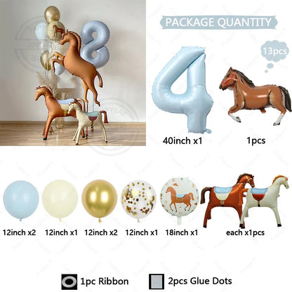 13pcs Cartoon Horse Birthday Party Decoration Aluminum Film Ballons Baby Shower Pet Pony Birthday Farm Party Theme Balloons