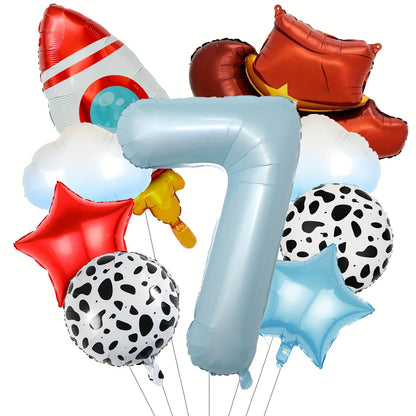 9Pcs Cloud Rocket Cowboy Hat Balloon Set Digital Numbers for Birthday Western Party Baby Shower Christening Wedding Celebration