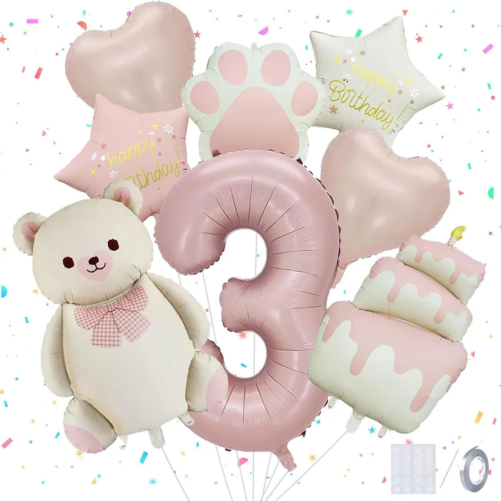 8pcs Pink Matte Bear Foil Theme Balloon for Birthday Party Decoration Cute Animal Bear Theme Event Baby Shower Decorations Gift