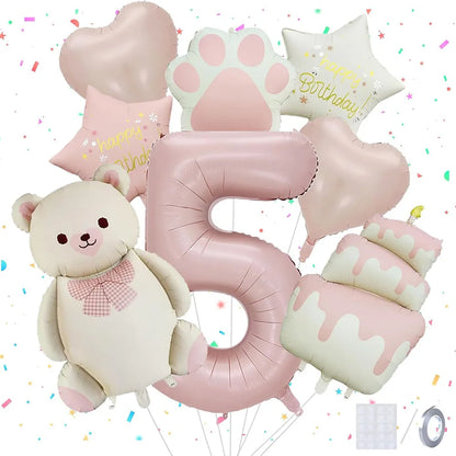 8pcs Pink Matte Bear Foil Theme Balloon for Birthday Party Decoration Cute Animal Bear Theme Event Baby Shower Decorations Gift