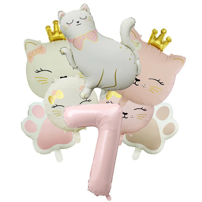 Ballons Anniversaire Chat Rose avec Chiffre | Lot de 7 pièces