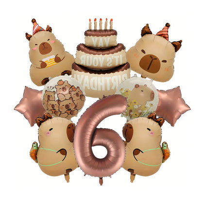 10Pcs Cartoon Animal Capybara Theme Birthday Cake Foil Balloon Children Birthday Party Coffee Number  Balloon Baby Shower Decora