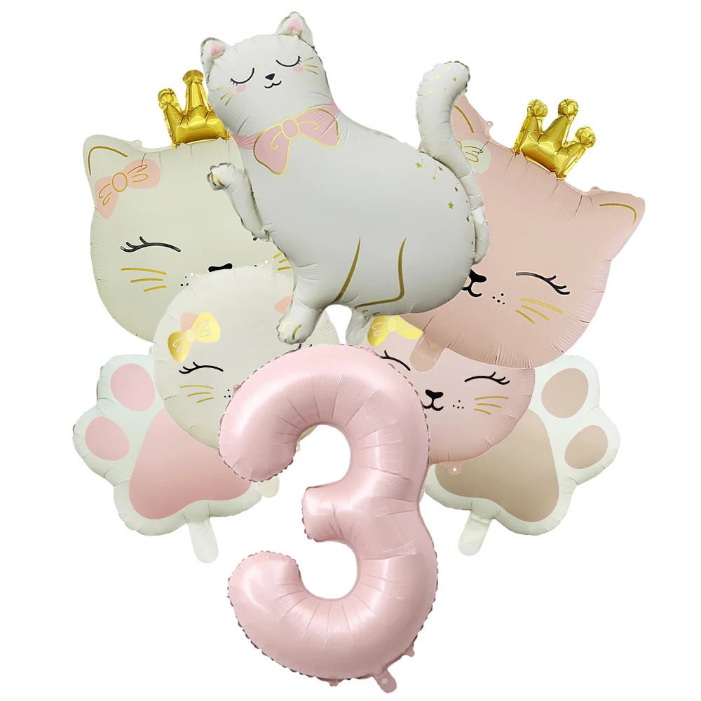 Ballons Anniversaire Chat Rose avec Chiffre | Lot de 7 pièces