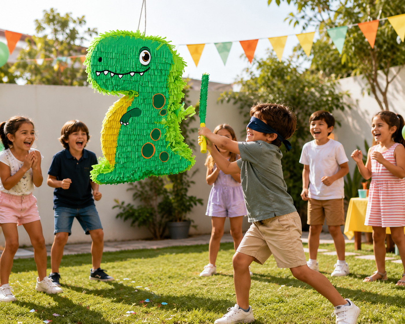 anniversaire enfants jouent pinata dinosaure vert exterieur fanion