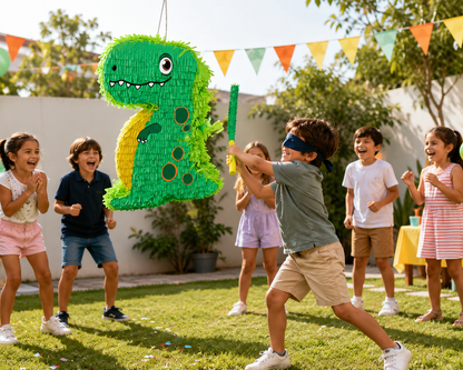 anniversaire enfants jouent pinata dinosaure vert exterieur fanion