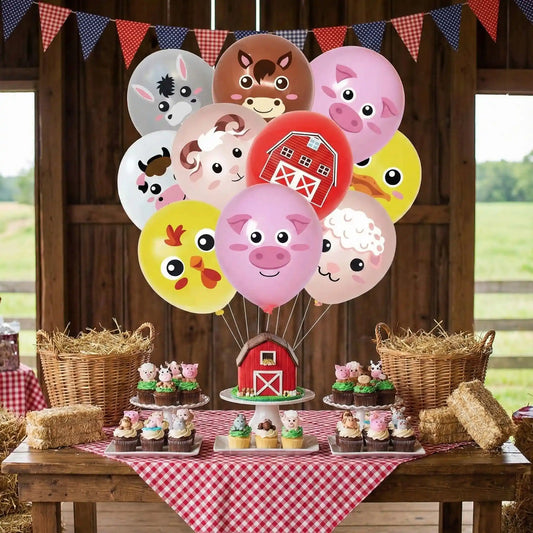 ballon anniversaire animaux ferme latex enfant table dessert gateau mini ferme grange paniers osier paille cupcakes nappe carreaux