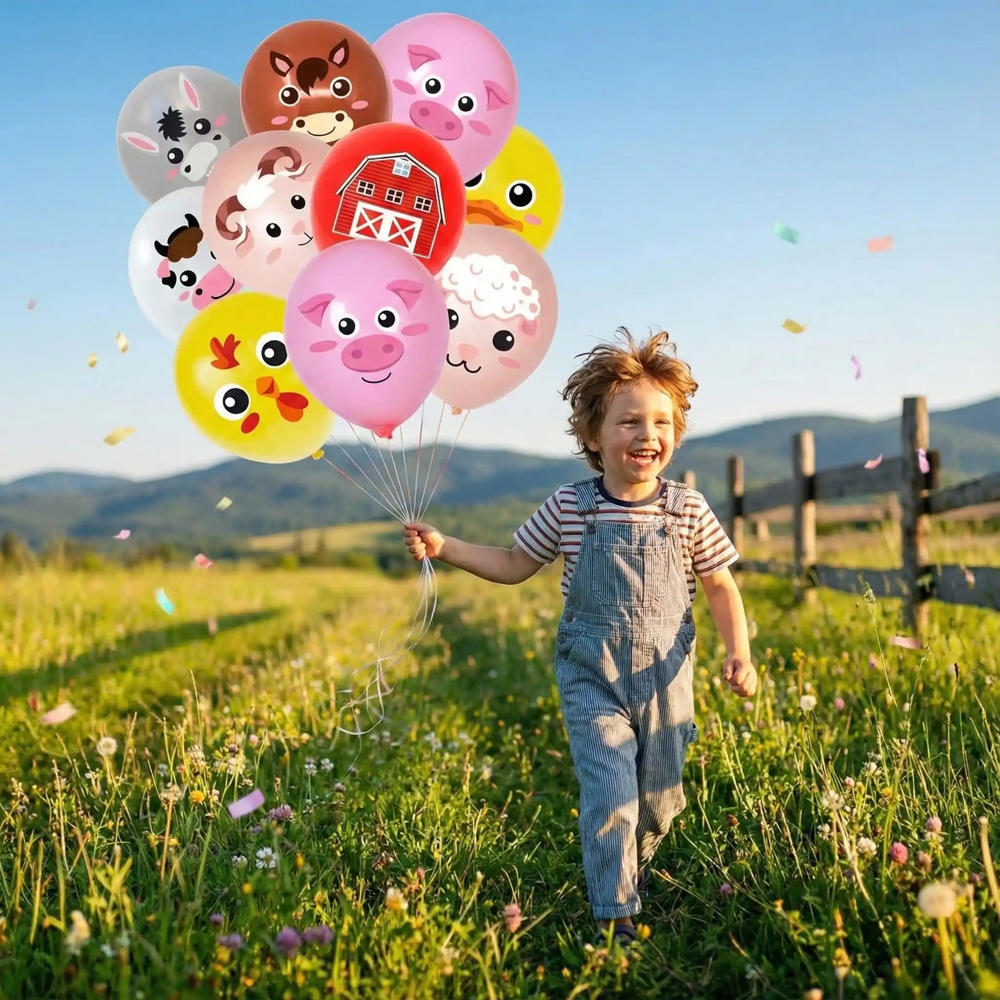 ballon anniversaire animaux ferme latex garcon sourire champs cloture perche