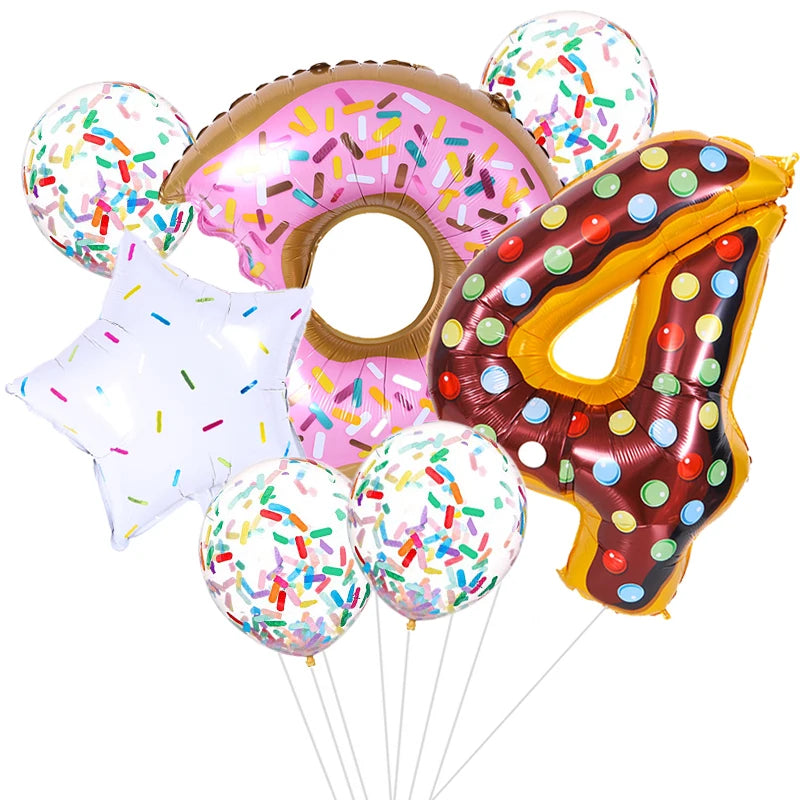 ballon anniversaire beigne donuts etoile latex confetti chiffre 4
