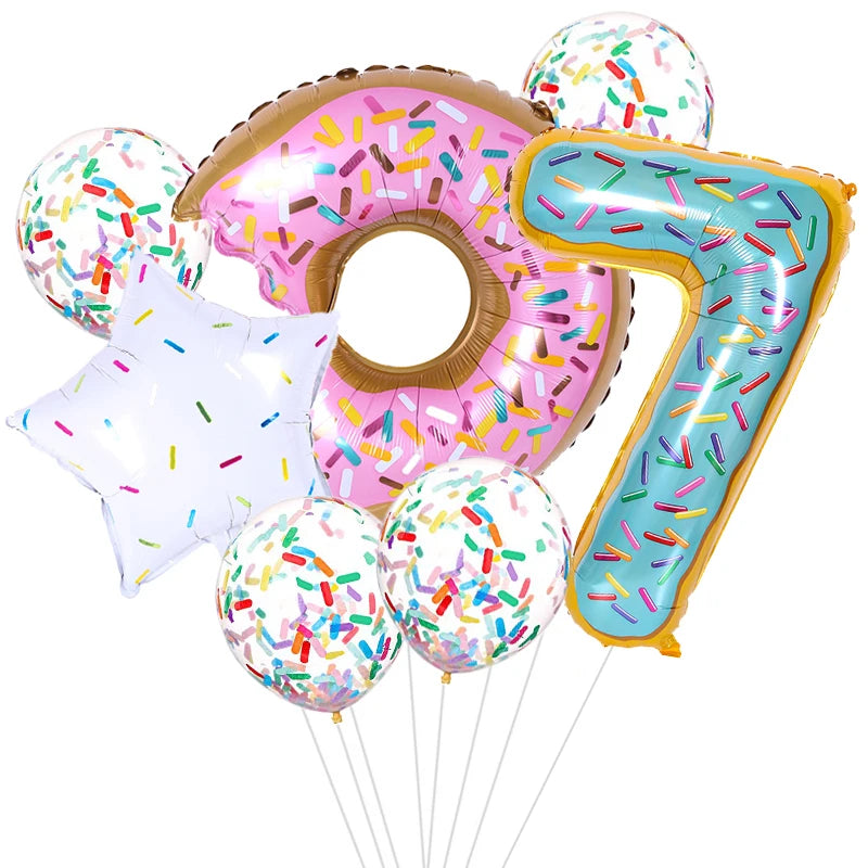 ballon anniversaire beigne donuts etoile latex confetti chiffre 7