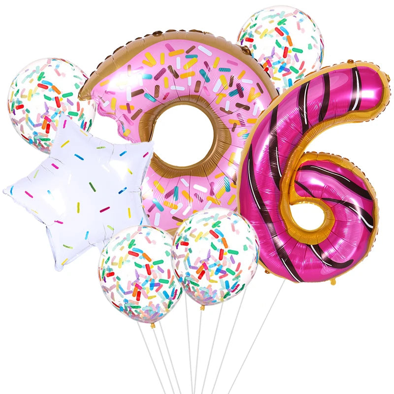 ballon anniversaire beigne donuts etoile latex confetti chiffre 6