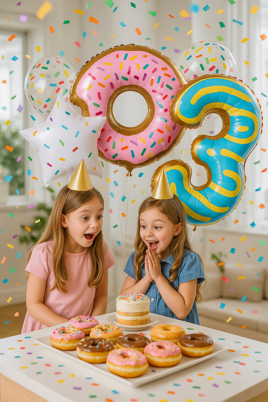 ballon anniversaire beigne donuts etoile latex confetti chiffre trois filletes table dessert beignes