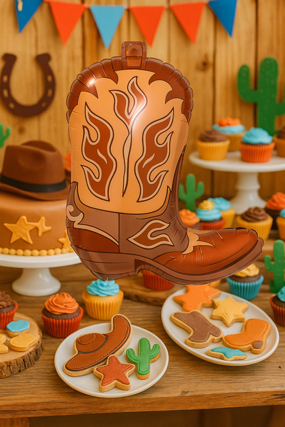ballon anniversaire botte cowboy brun table dessert