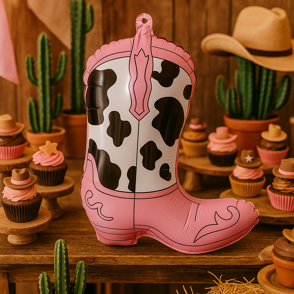 ballon anniversaire botte cowgirl rose table dessert cupcakes cactus