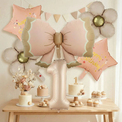ballon anniversaire boucle etoile fleurs chiffre1 table dessert gateaux cupcakes fleurs