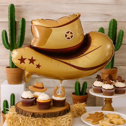 ballon anniversaire chapeau cowboy beige table dessert cactus
