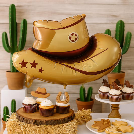 ballon anniversaire chapeau cowboy beige table dessert cactus