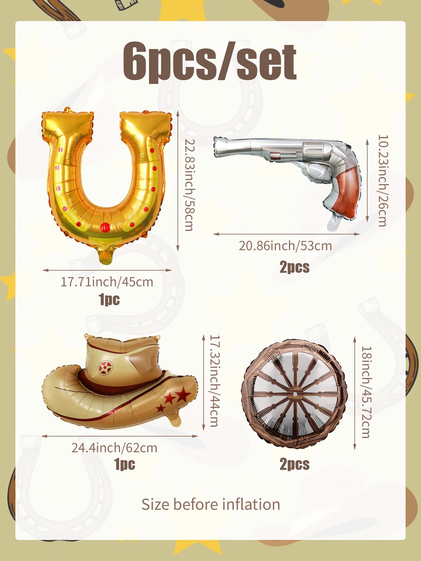 ballon anniversaire chapeau cowboy fer cheval pistolet roue dimension