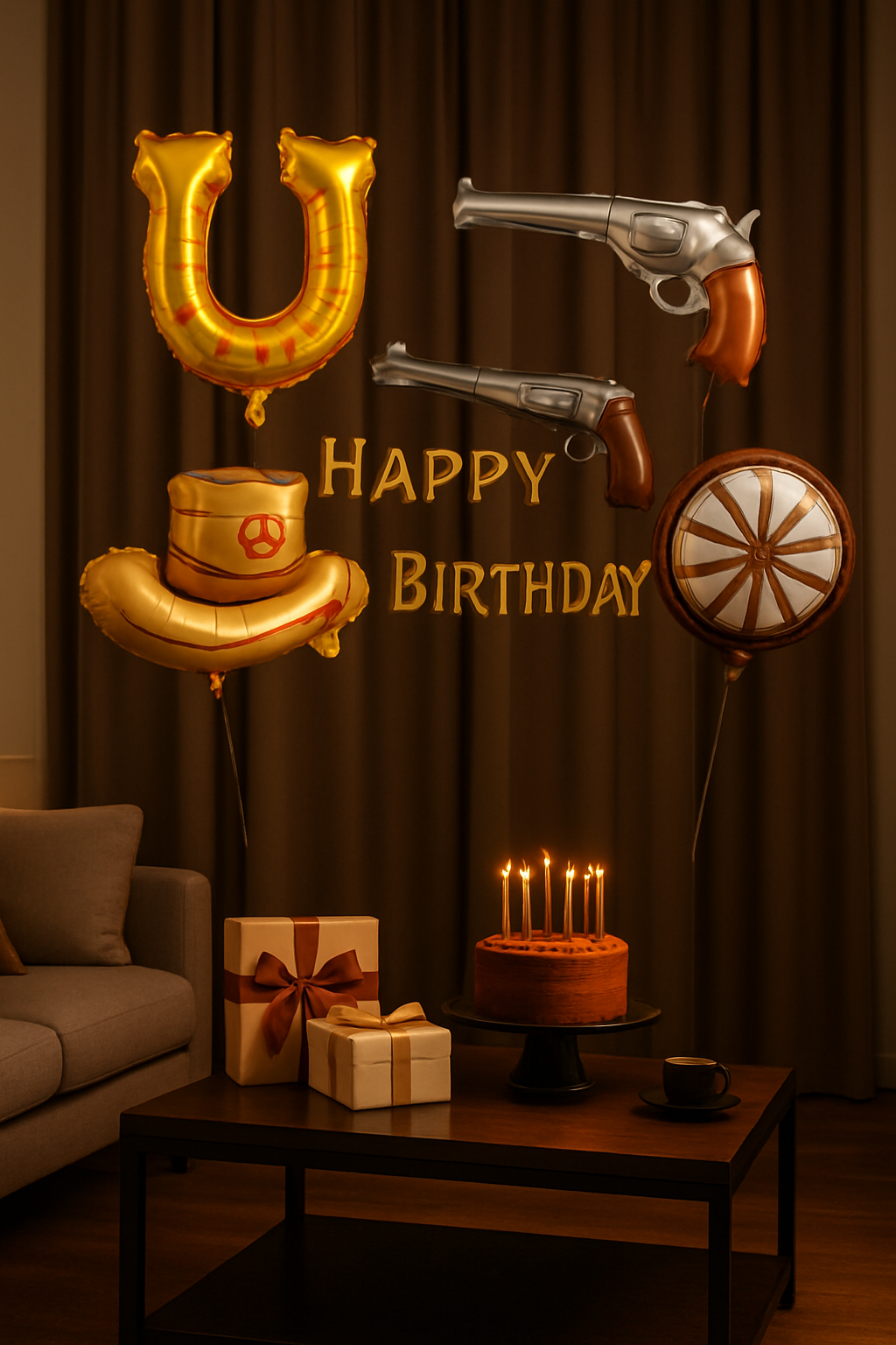 ballon anniversaire chapeau cowboy fer cheval pistolet roue rideau brun- table cadeaux gateau chandelles