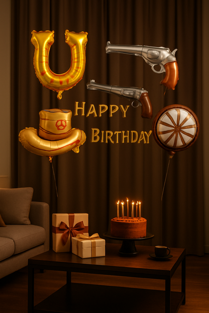 ballon anniversaire chapeau cowboy fer cheval pistolet roue rideau brun- table cadeaux gateau chandelles