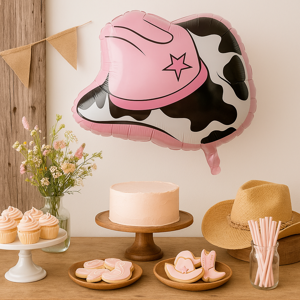 ballon anniversaire chapeau cowgirl rose table dessert gateau cupcakes biscuits