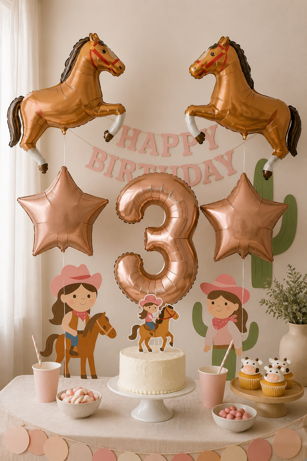 ballon anniversaire cheval 3ans decoration table thematique cowgirl gateau cupcakes