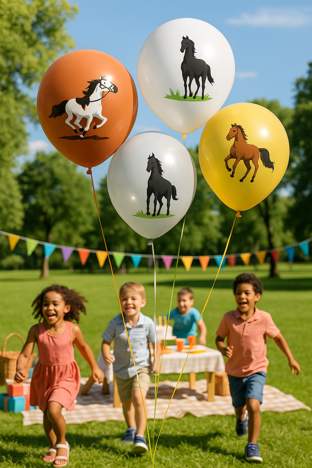 ballon anniversaire cheval brun beige gris blanc enfants exterieur table pic nique