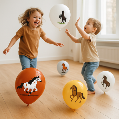 ballon anniversaire cheval brun beige gris blanc enfants jouent rires plancher bois