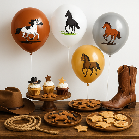 ballon anniversaire cheval brun beige gris blanc table dessert botte chapeau cowboy lasso biscuits