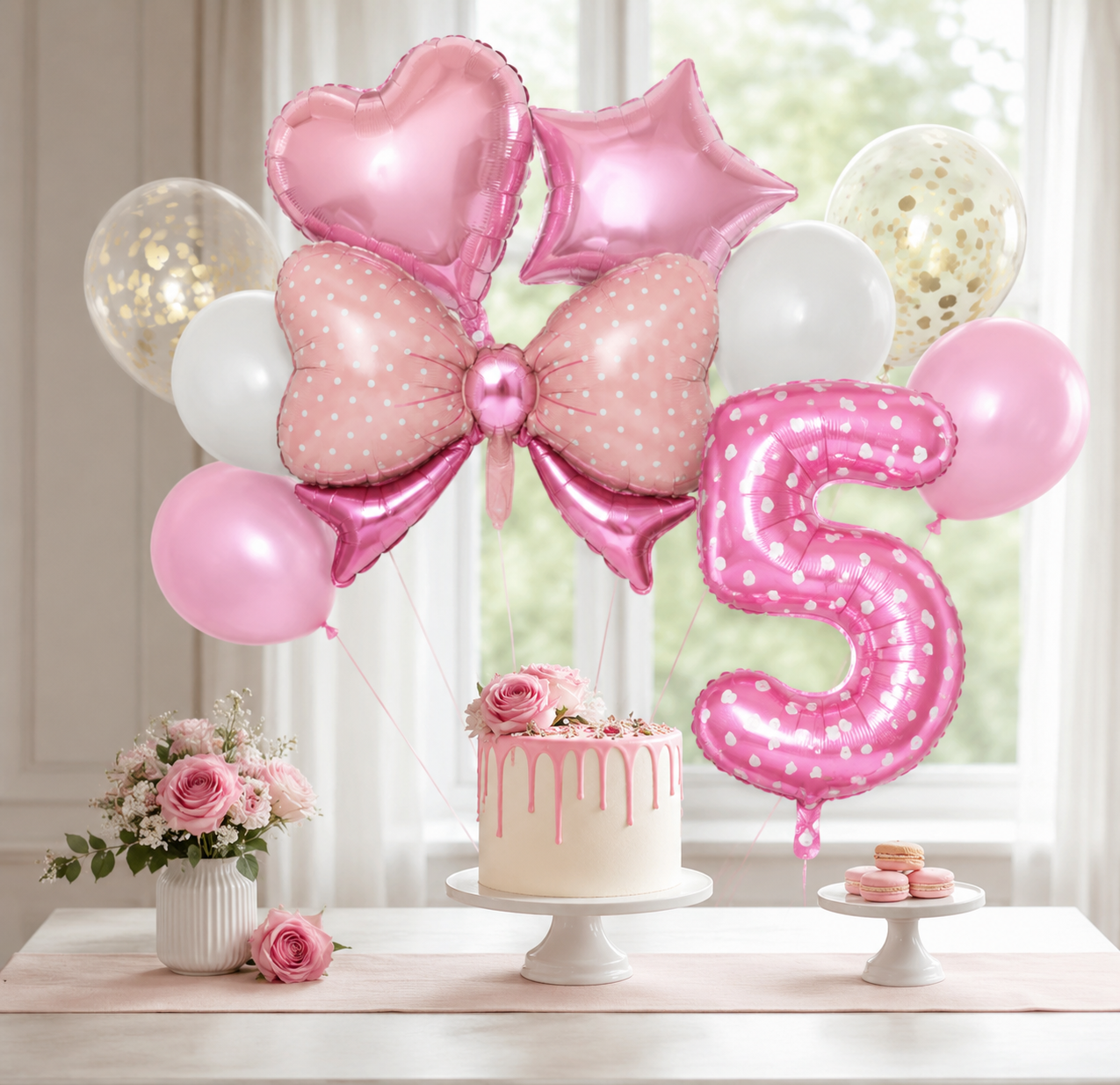 ballon anniversaire chiffre cinq boucle picot coeur etoile gateau fleurs macarons