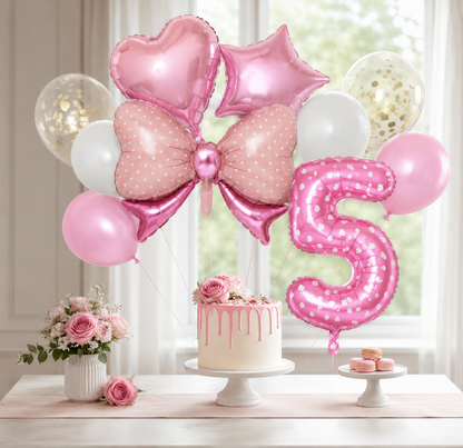 ballon anniversaire chiffre cinq boucle picot coeur etoile gateau fleurs macarons