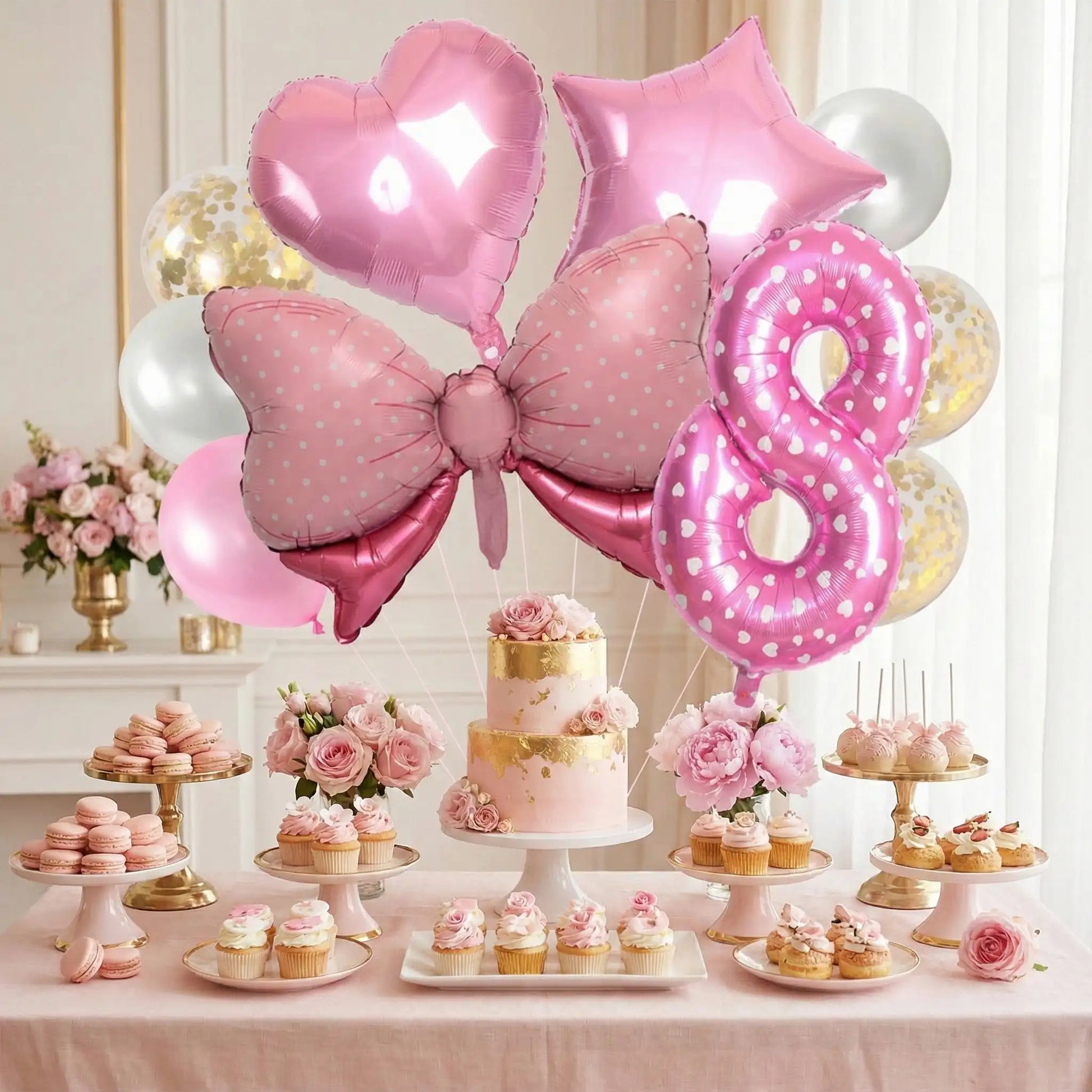 ballon anniversaire chiffre huit boucle picot coeur etoile 8 table dessert feminin gateaux fleurs rose cupcakes