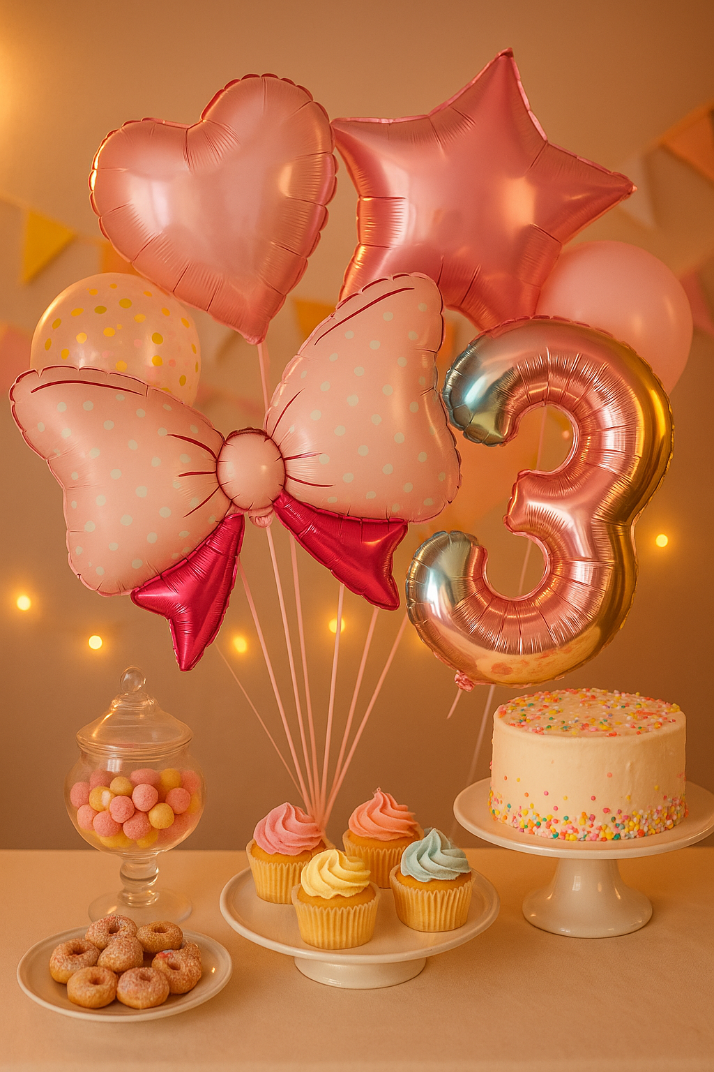 ballon anniversaire chiffre trois multicolor boucle gateau cupcakes beignes