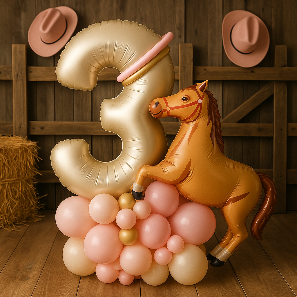 ballon anniversaire chiffre3 cheval beige coeur cloture perches paille chapeau cowgirl rose