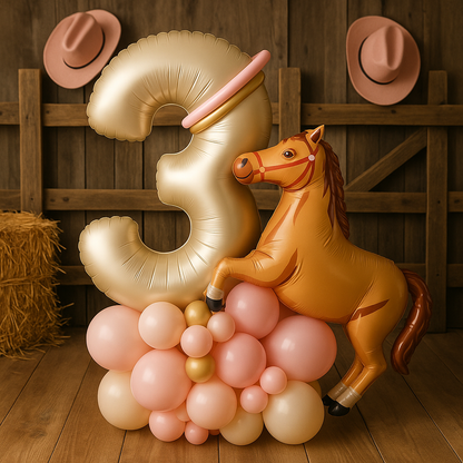 ballon anniversaire chiffre3 cheval beige coeur cloture perches paille chapeau cowgirl rose