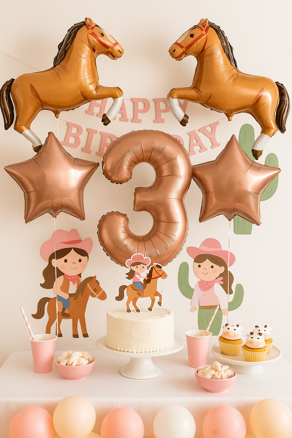 ballon anniversaire chiffre 3 cheval etoile table dessert gateau cowgirl cupcakes