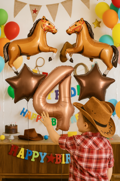 ballon anniversaire chiffre 4 cheval etoile garcon chapeau chemise carreaux