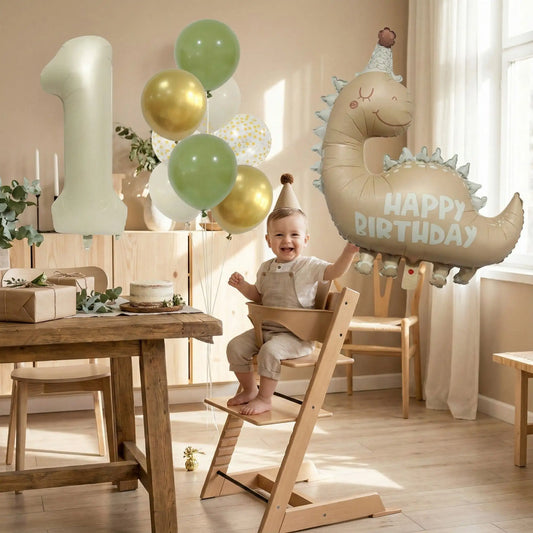 ballon anniversaire dino latex numero 1 bebe chaise haute decor bois