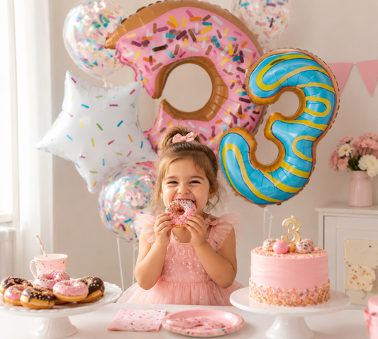 ballon anniversaire fillette mange beigne sourire gateau