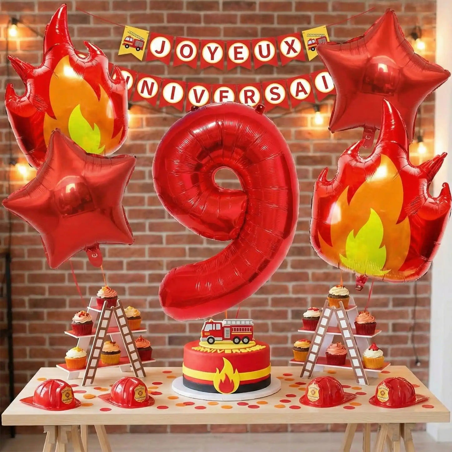 ballon anniversaire flamme etoile chiffre rouge neuf table dessert gateau pompier banderole