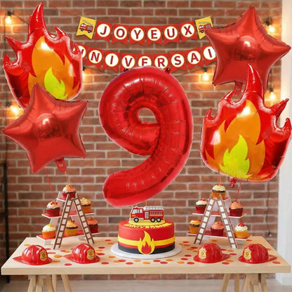 ballon anniversaire flamme etoile chiffre rouge neuf table dessert gateau pompier banderole