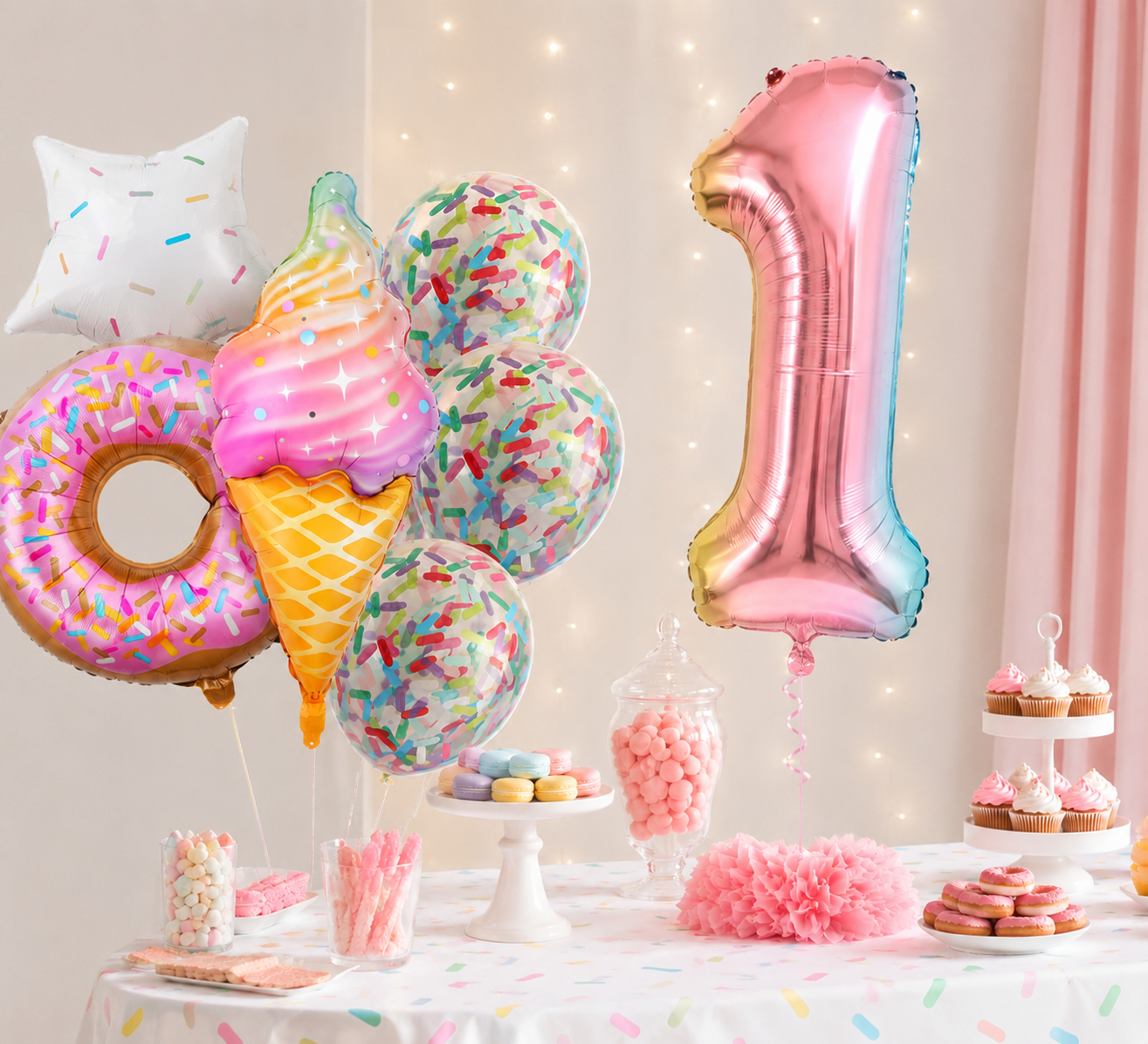 ballon anniversaire friandises creme glacee confetti chiffre un table desserts