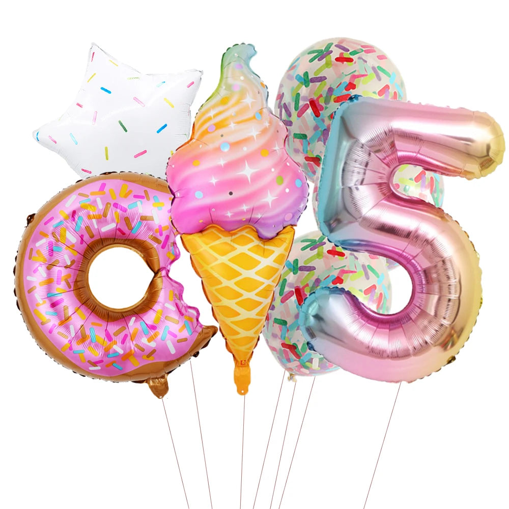 ballon anniversaire friandises ensemble creme glacee donut confetti chiffre cinq