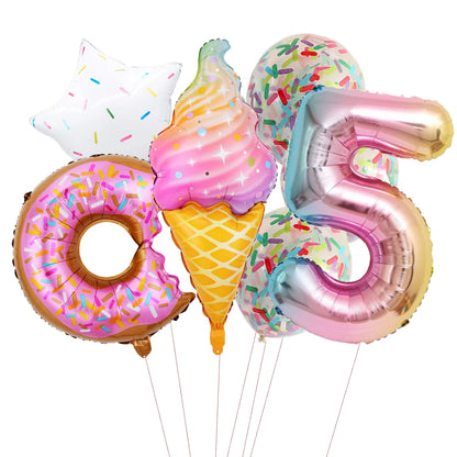 ballon anniversaire friandises ensemble creme glacee donut confetti chiffre cinq