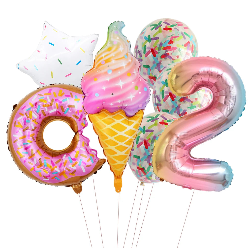 ballon anniversaire friandises ensemble creme glacee donut confetti chiffre deux